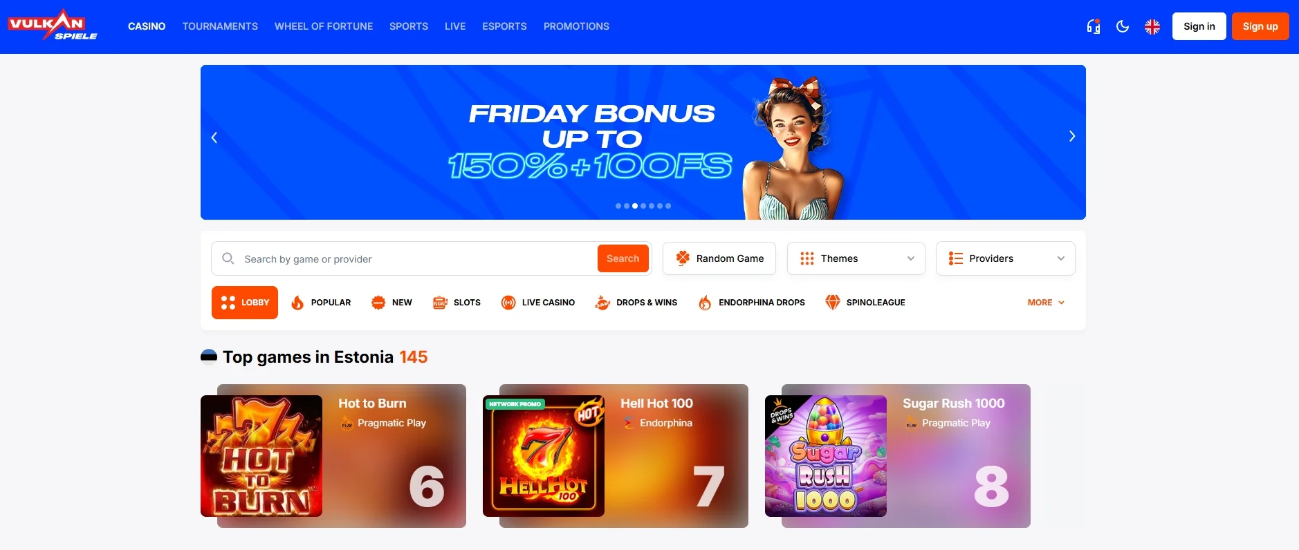 Главная страница сайта Vulkan Spiele Casino.