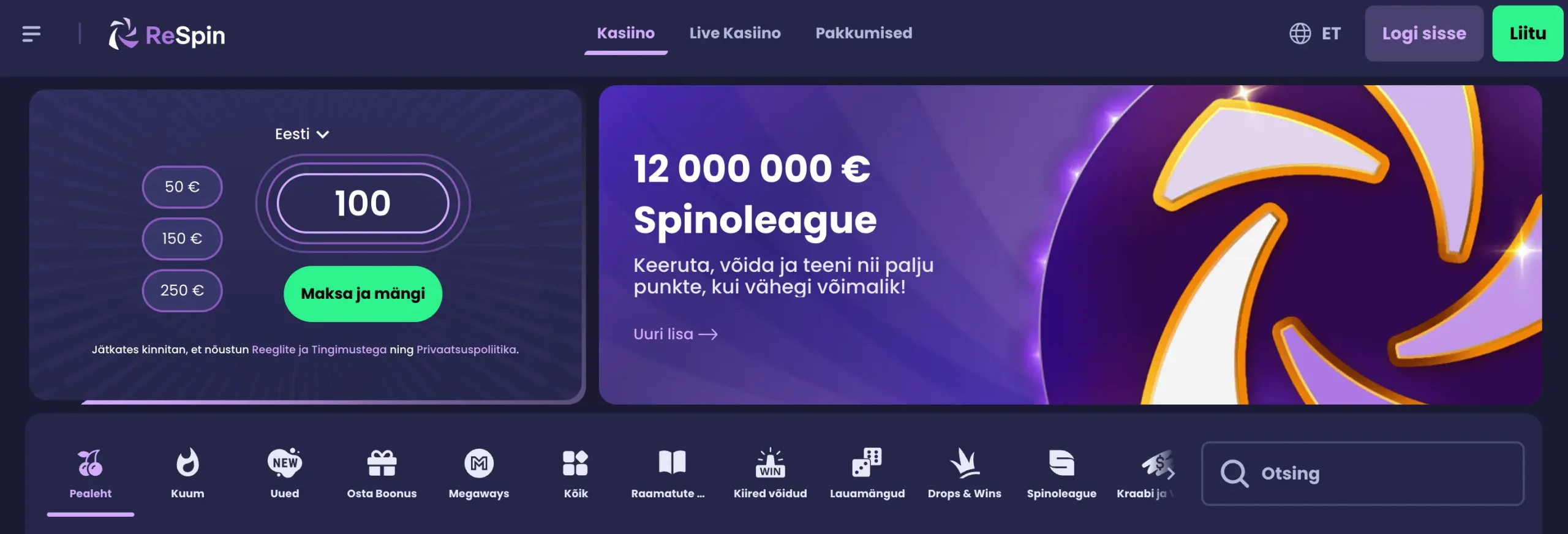Mängi Respin online pärisraha eest Respin Casino.